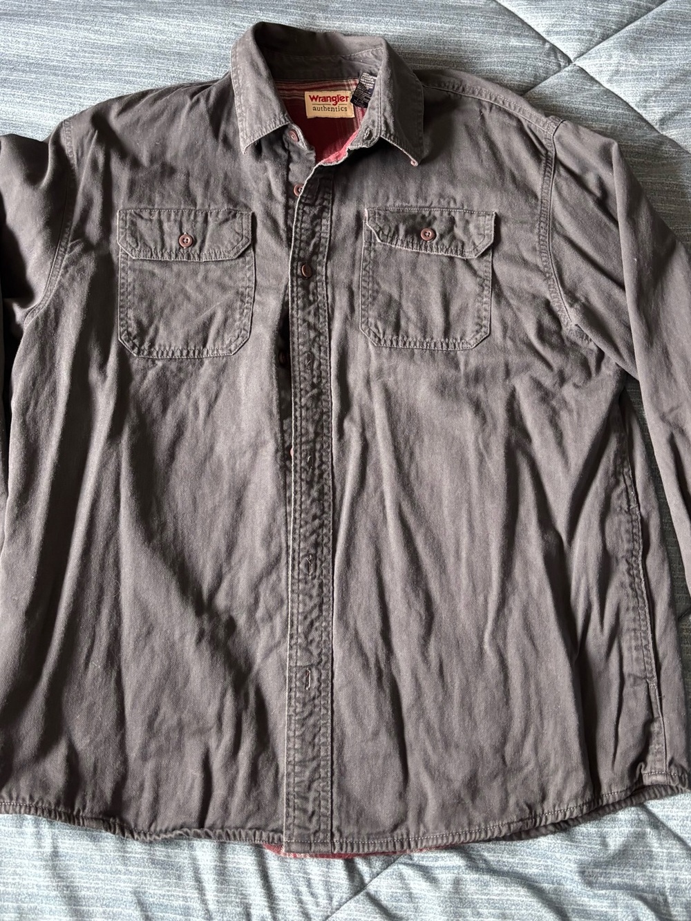Wrangler Gray Button-Up Shirt with Red Plaid Lining